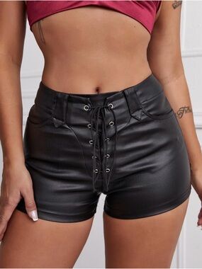 Black Faux Leather Lace-Up Shorts High Waist Festival Concert Clubwear Small